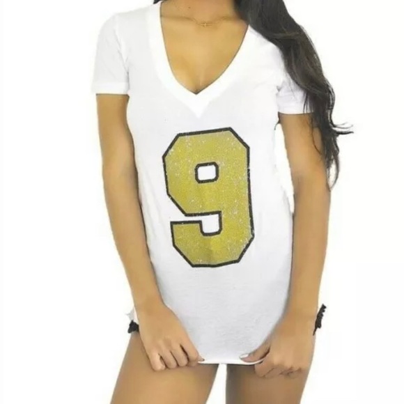 White Drew Brees 9 Gold Fitted V-Neck T-shirt top - Picture 2 of 3